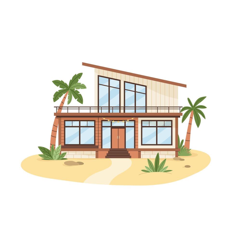 tropical house illustration with palm trees vector