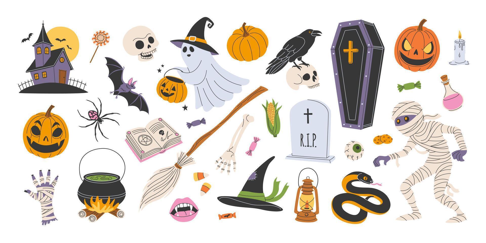 Halloween illustrations with ghosts, pumpkins and bats vector