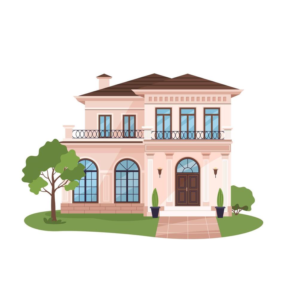 Villa in flat style. Contemporary house or vacation mansion. Isolated clipart on white background for vacation, eco-living, architecture, rural lifestyle, or travel concepts. illustration vector