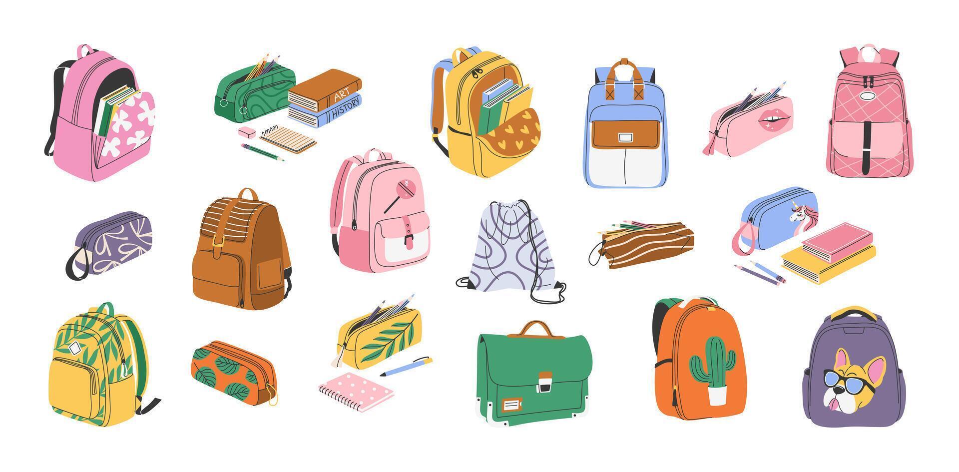 Set of isolated backpacks and pencil cases for preschoolers, school kids, university students. Hand drawn clip art collection of school bags and school supplies. Back to school concept in flat style. vector
