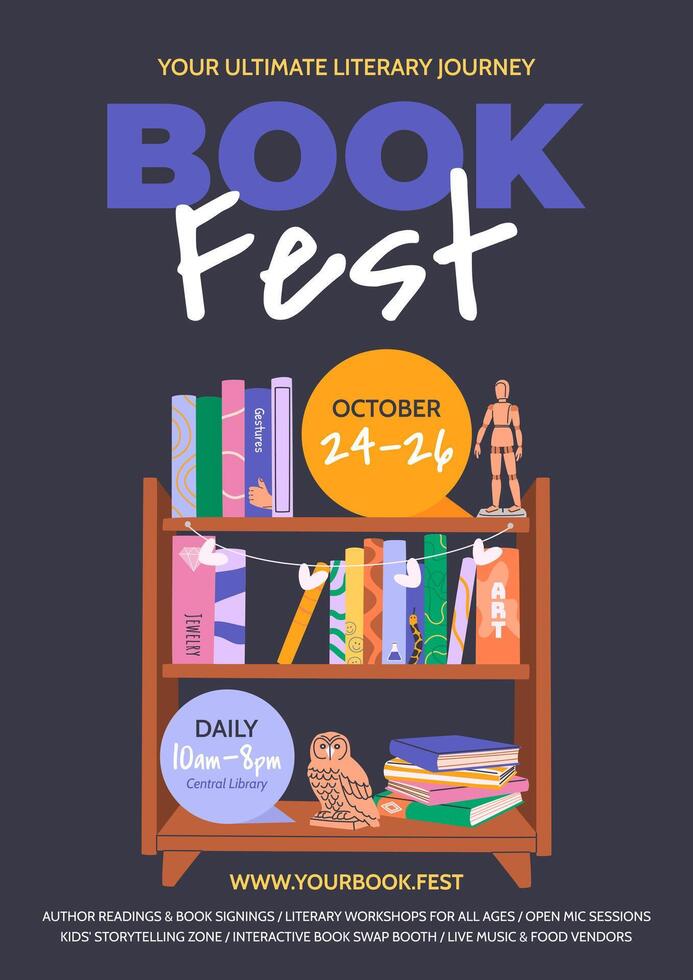 Book festival or fair poster for advertising and promotion. Bookshelf with books. Vertical banner, flyer design for social media posts, educational events, World Book Day or Literacy Day. vector