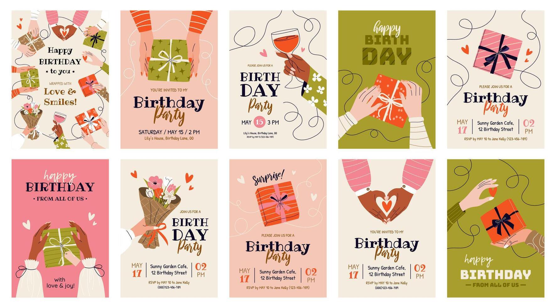 Set of 10 birthday greeting cards and party invitations. Festive vertical templates for celebrating an anniversary with text and wishes. Female hands holding gift boxes, bouquet of flowers, wineglass. vector