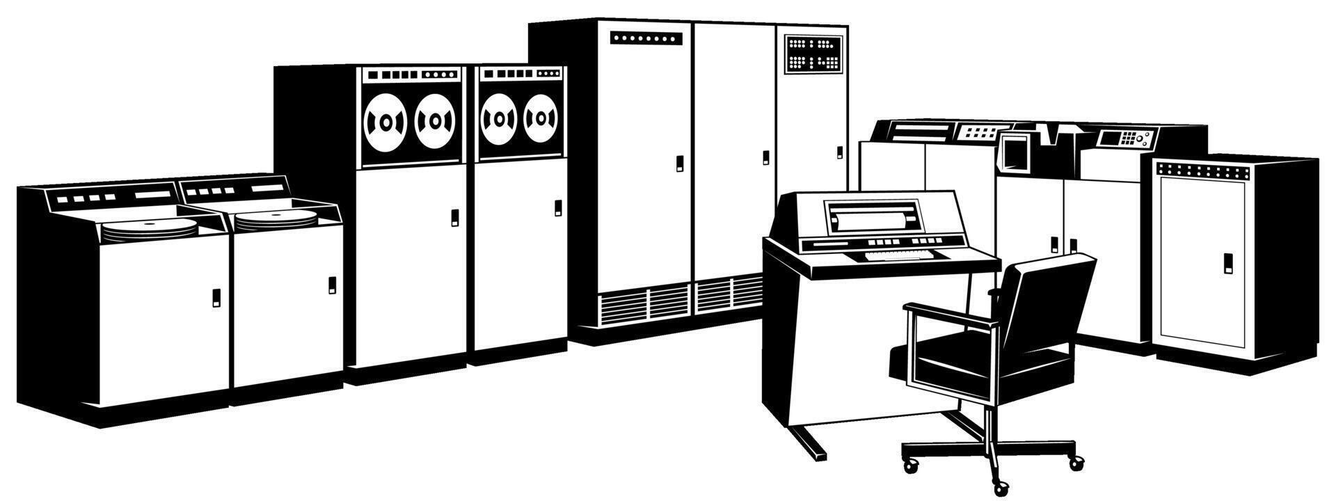 Vintage Mainframe Computer. Processor and memory cabinets, tape and disk drivers, operator console. Chair and console are separate objects. Cliparts isolated on white. vector