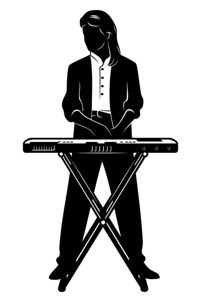 Silhouette of man playing music synthesizer. Clipart isolated on white. vector