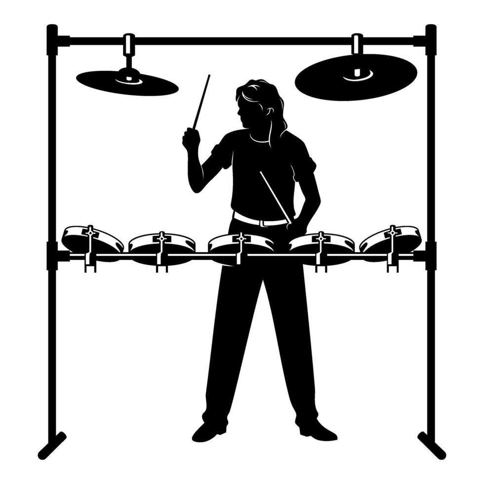 Silhouette of drummer playing digital drum kit. Clipart isolated on white. vector