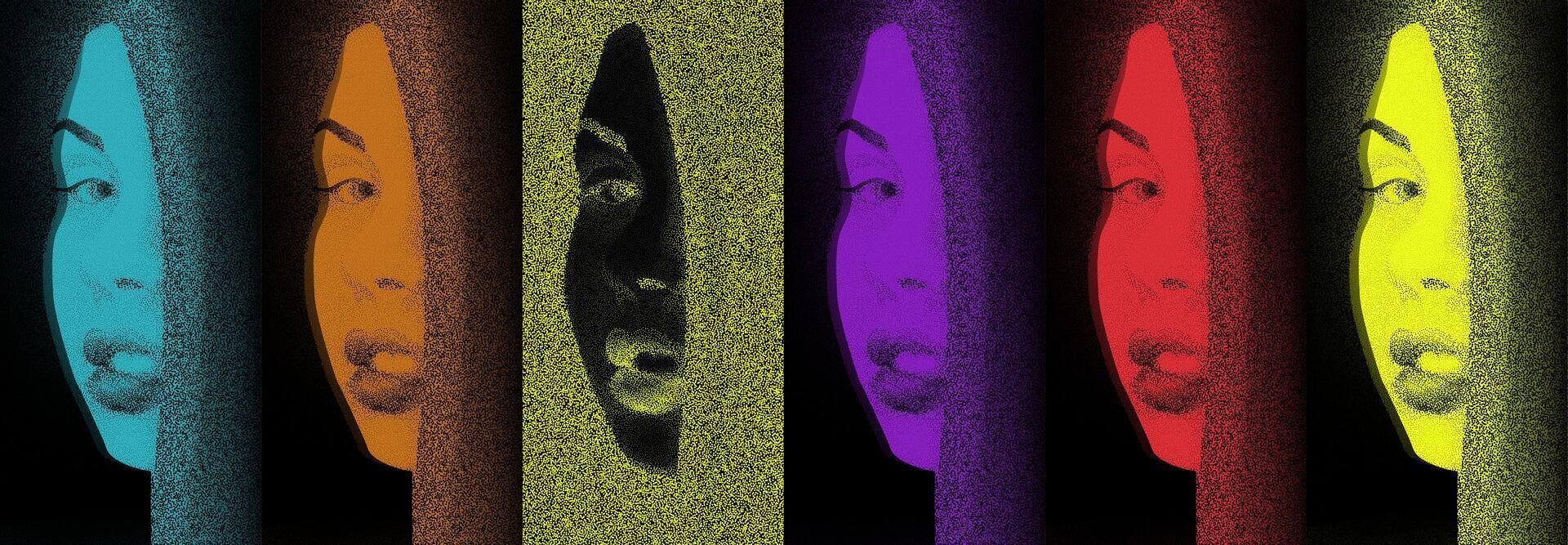 Beautiful girl with long dark hair in style Halftone Dots. Colorful set in style pop-art. Colorful Pop Art Portrait of a Woman vector