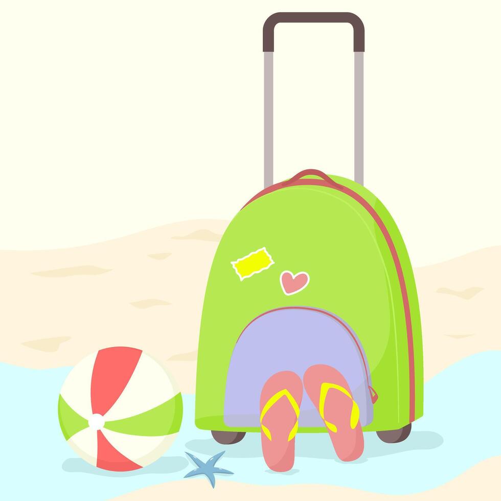 Hello summer happy holiday time, luggage, ball, and sandals background design. vector