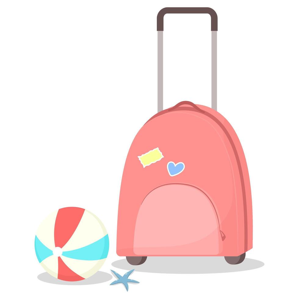 Kids pink travel bag with paper stickers, starfish and beach ball. Vertical banner with copy space vector