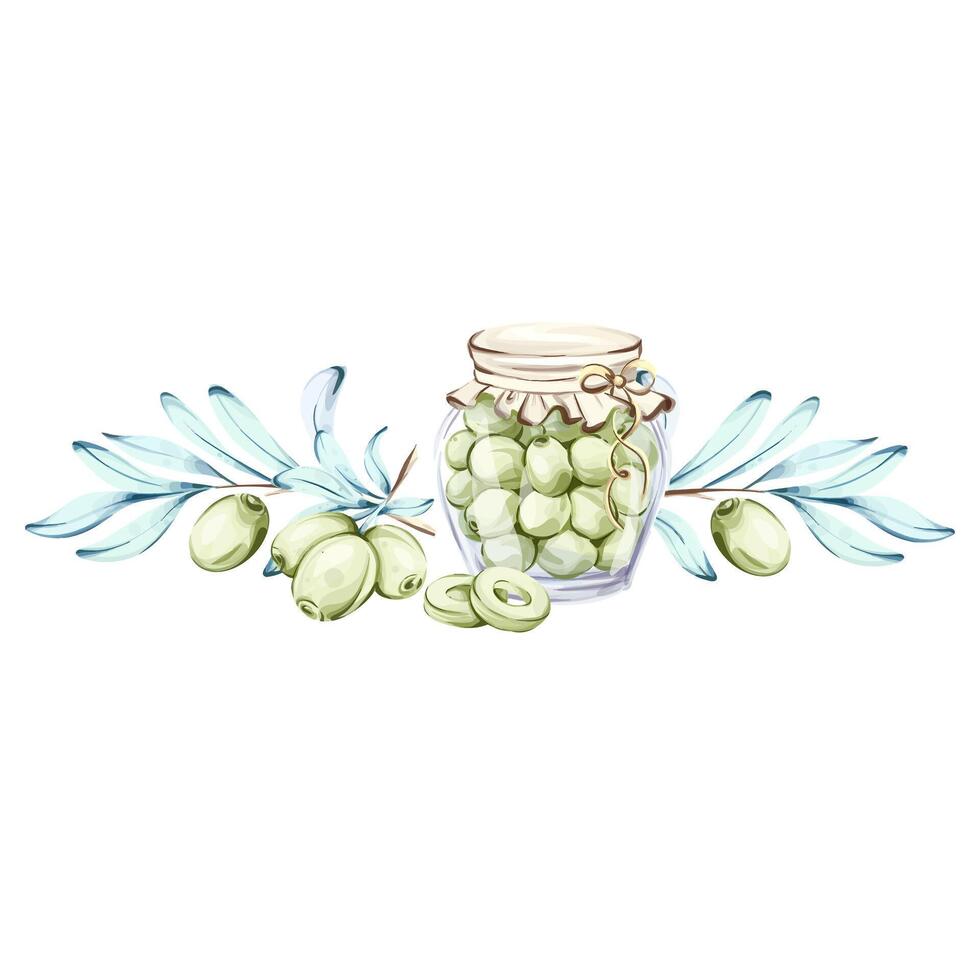 Artistic watercolor illustration of olives and olive oil reflecting Italian culinary culture frame, border, arrangement vector