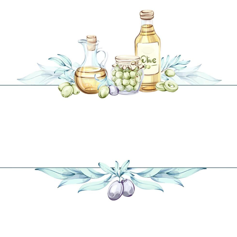Exploring the beauty of olives and olive oil in vibrant watercolor illustrations of Italian cuisine frame, border, arrangement vector