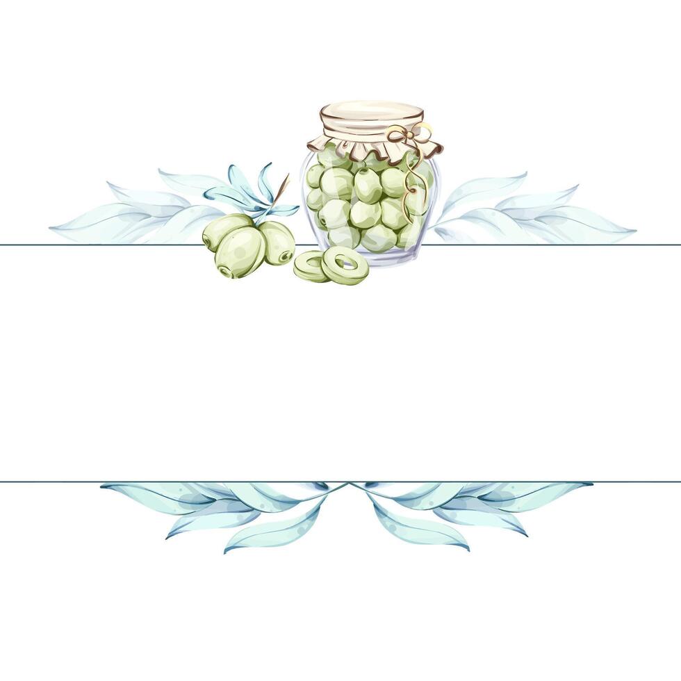 Exploring the beauty of olives and olive oil in watercolor illustrations inspired by Italian cuisine and nature frame, border, arrangement vector