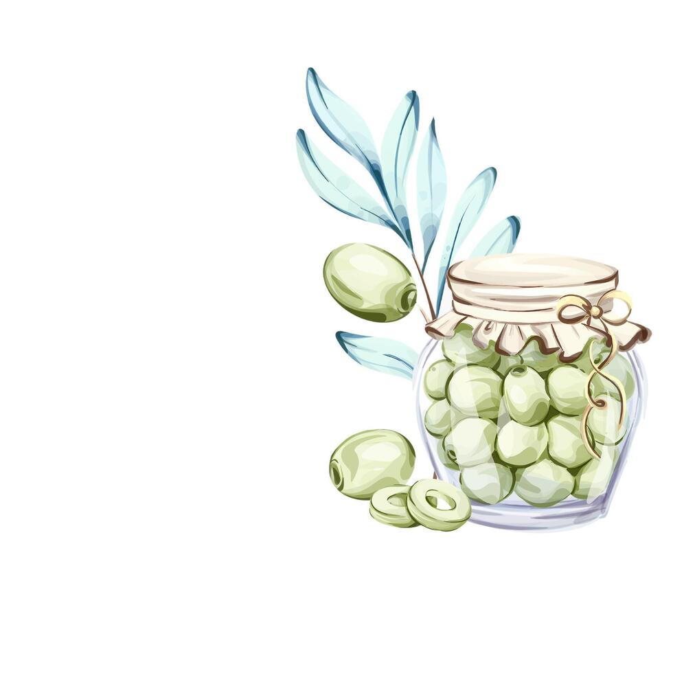 Illustration of olives in a jar with olive leaves in a watercolor style inspired by Italian cuisine and nature frame, border, arrangement vector
