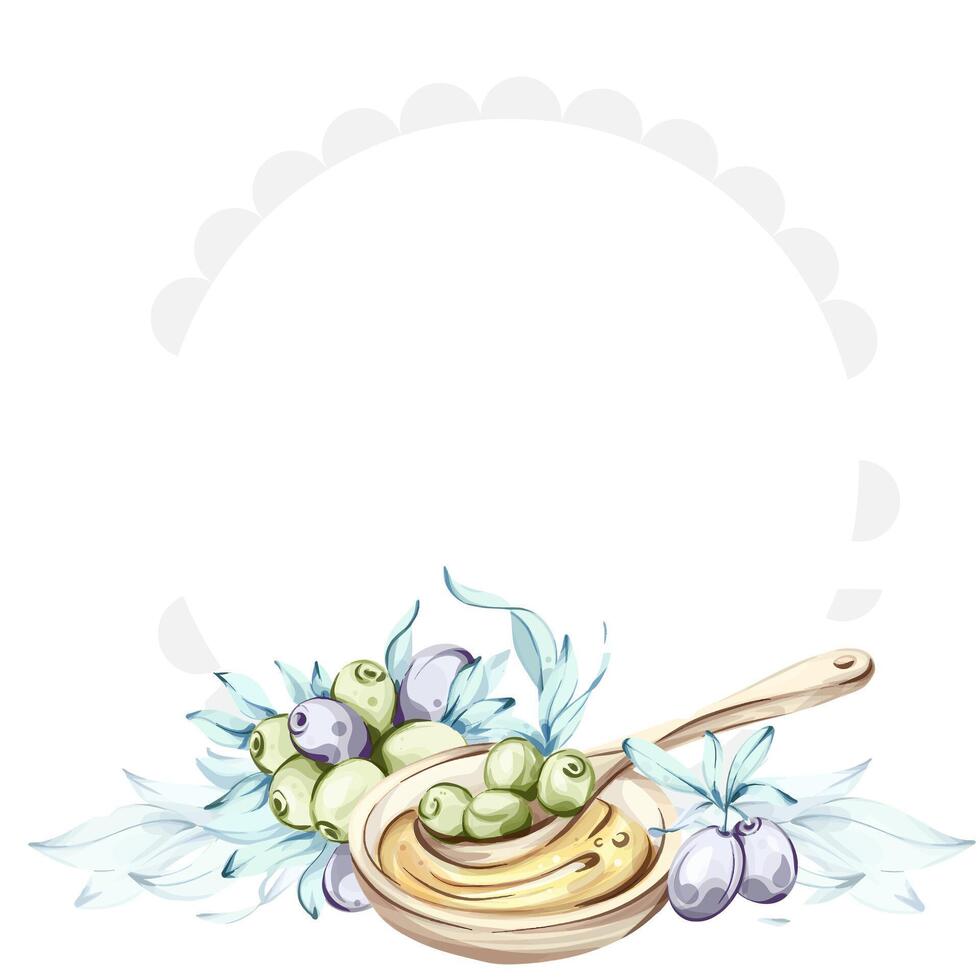 Olive oil illustrated in watercolor style celebrating Italian cuisine and natures beauty frame, border, arrangement vector