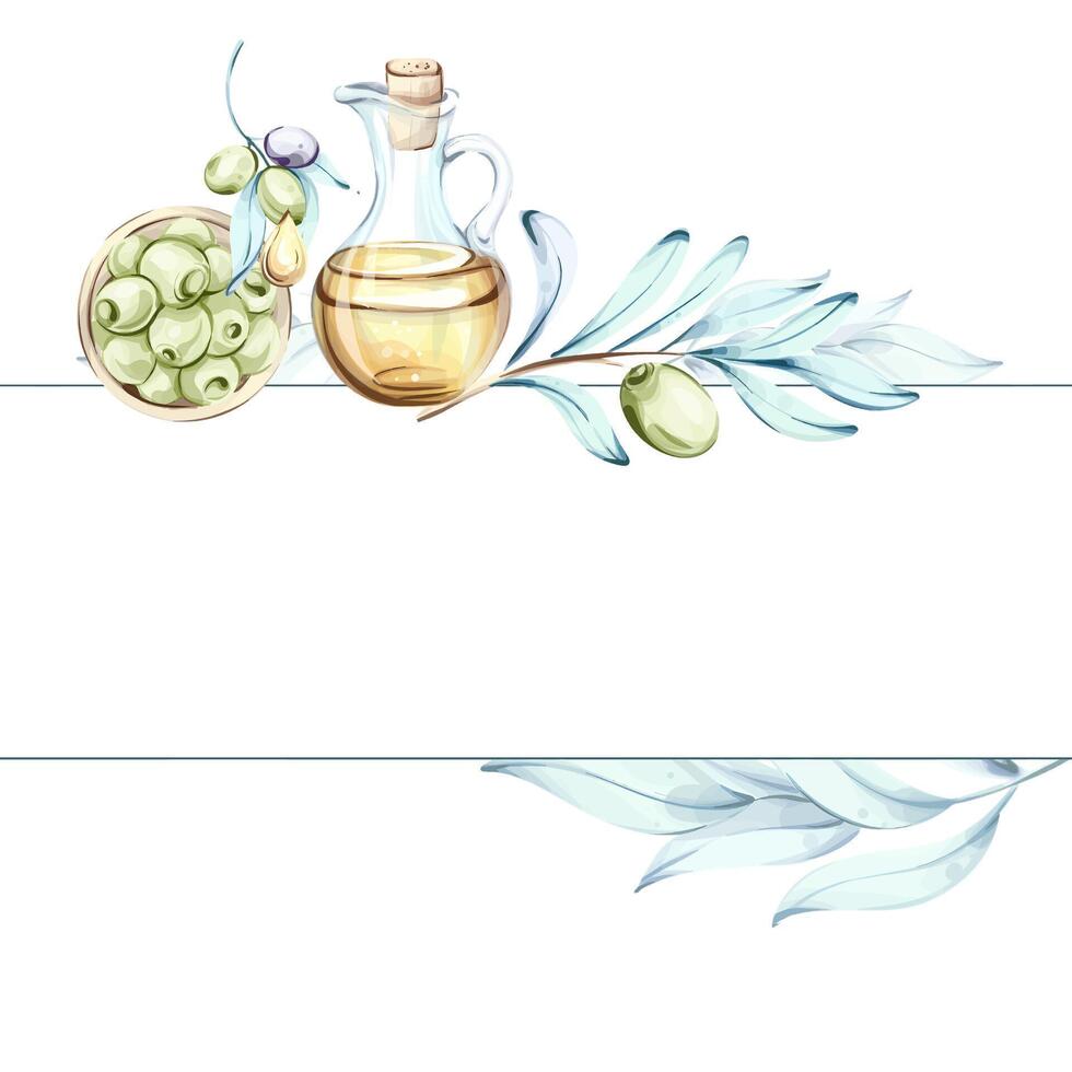Exploring the beauty of olives and olive oil in watercolor with a touch of Italian cuisine frame, border, arrangement vector