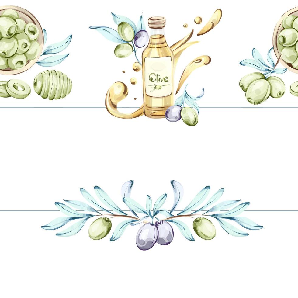 Olives and olive oil illustrated in watercolor capturing the essence of Italian cuisine and natural beauty frame, border, arrangement vector