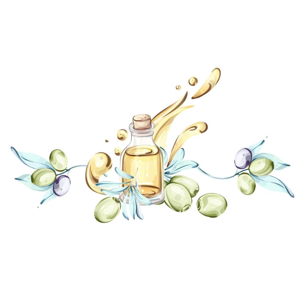 Olives and olive oil watercolor illustrations depicting the richness of Italian cuisine and natures beauty frame, border, arrangement vector