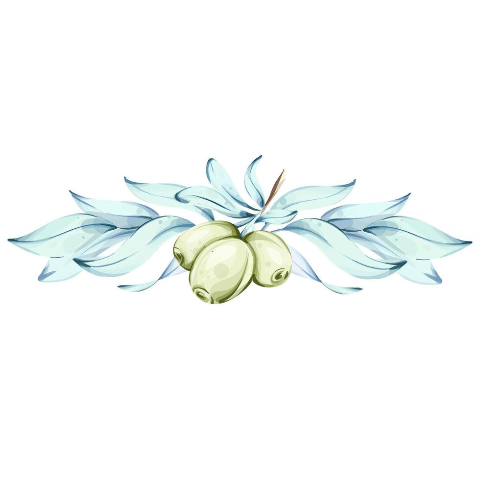 Watercolor illustration of olives and olive oil inspired by Italian cuisine and natures beauty frame, border, arrangement vector