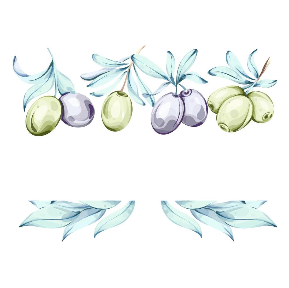 Olives and olive oil in watercolor illustration frame, border, arrangement. inspired by Italian cuisine and nature vector