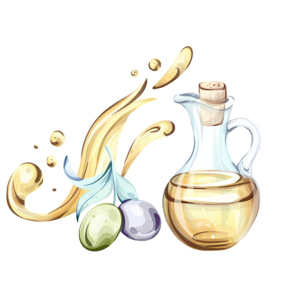 Olive oil, exploring the richness of olives and olive oil through watercolor illustrations that celebrate Italian cuisine and nature vector