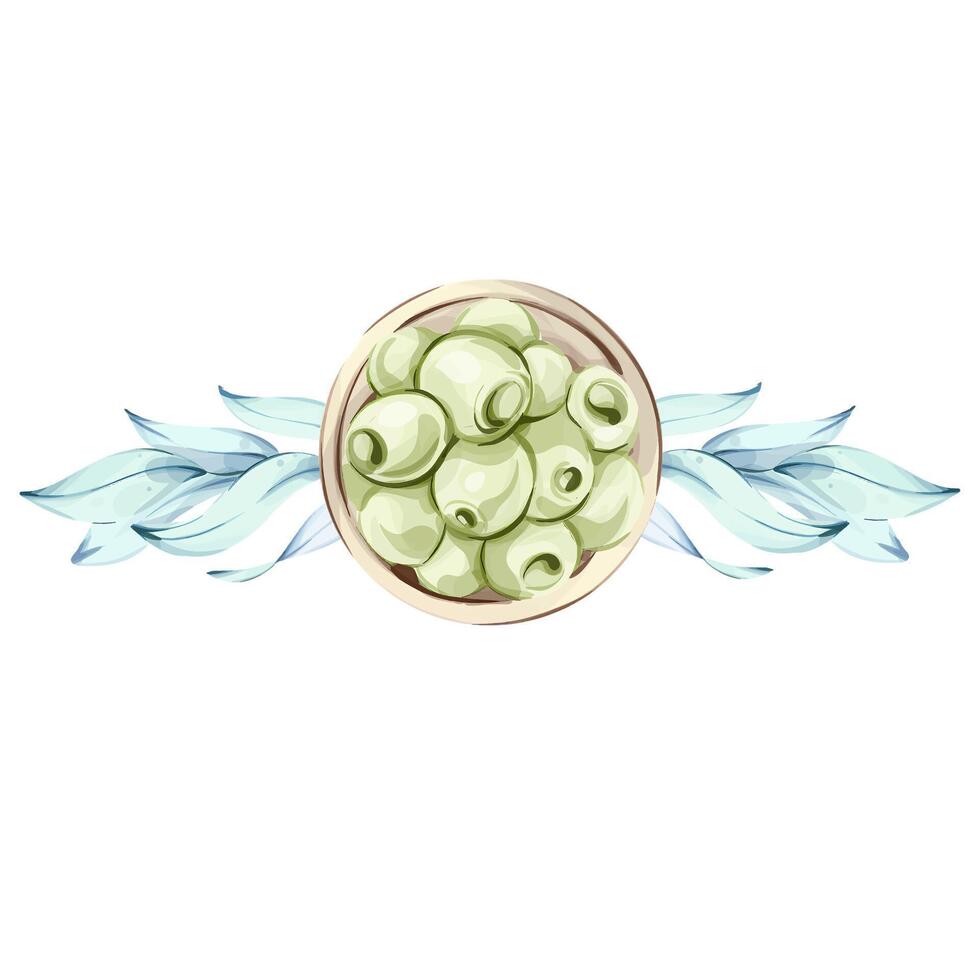 Green olives and olive oil illustrated in watercolor capturing the essence of Italian cuisine and natures beauty frame, border, arrangement vector