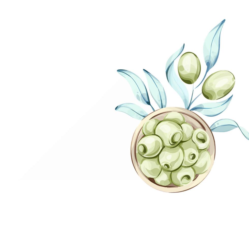 Olives and olive oil illustrated in watercolor celebrating the essence of Italian cuisine and nature frame, border, arrangement vector