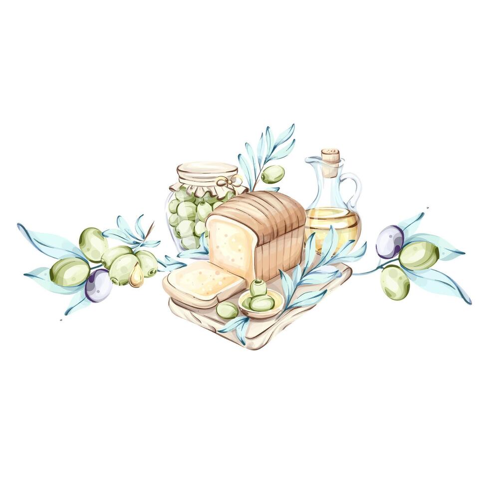 Olives and olive oil depicted in a beautiful watercolor illustration celebrating Italian cuisine and nature frame, border, arrangement vector