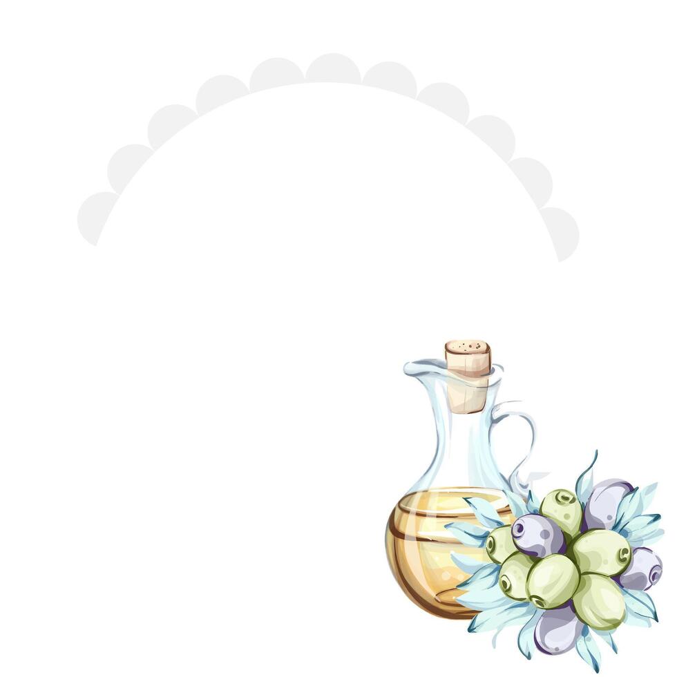 Olives and olive oil illustrated in watercolor showcasing the essence of Italian cuisine natures beauty frame, border, arrangement vector