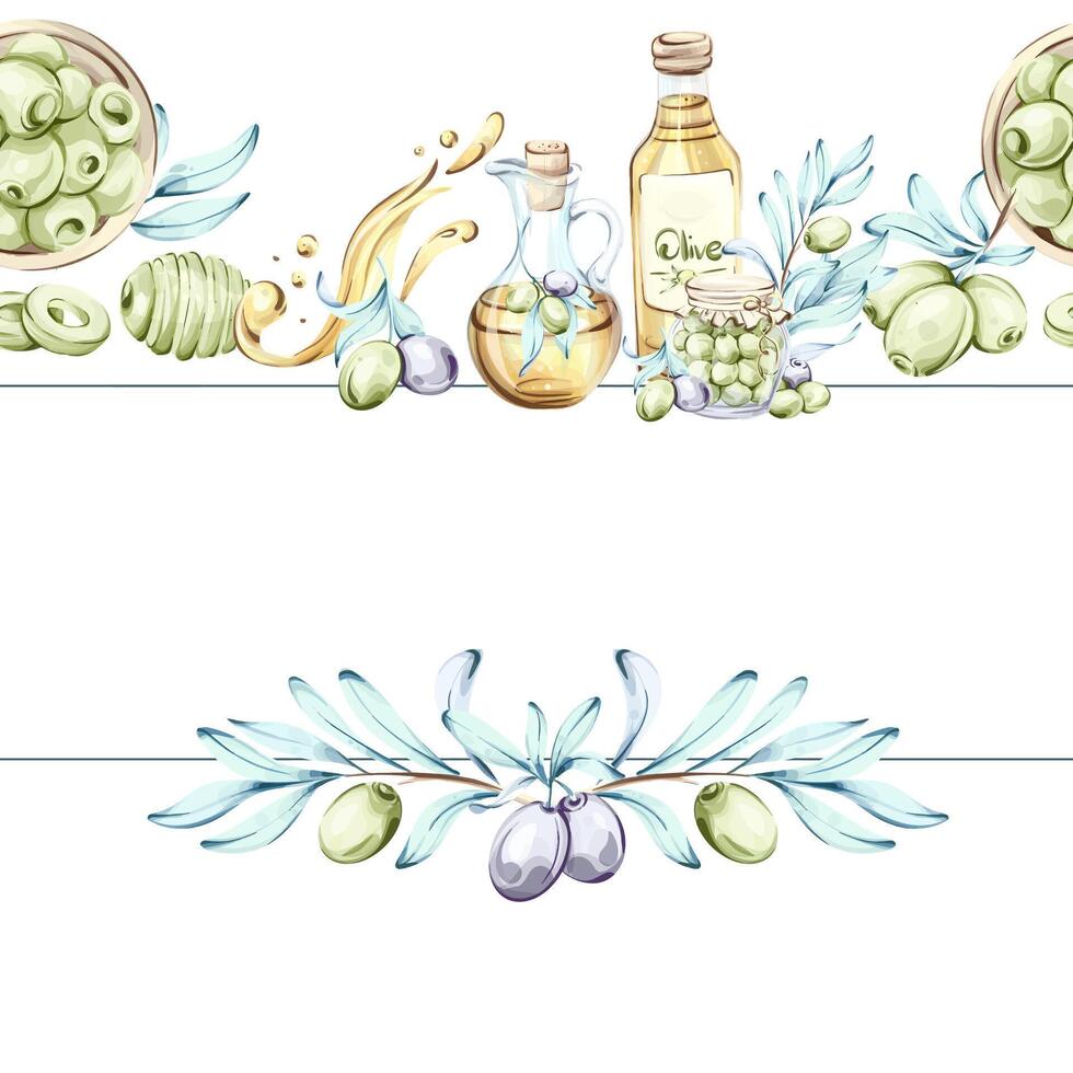 Watercolor illustrations of olives and olive oil inspired by Italian cuisine and nature frame, border, arrangement vector