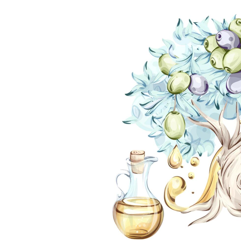 Exploring the beauty of olives and olive oil through watercolor illustrations showcasing nature and Italian cooking frame, border, arrangement vector