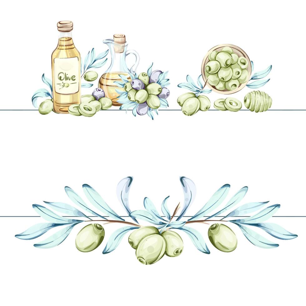 Delicious olives and olive oil featured in a vibrant watercolor illustration celebrating Italian cuisine and nature frame, border, arrangement vector