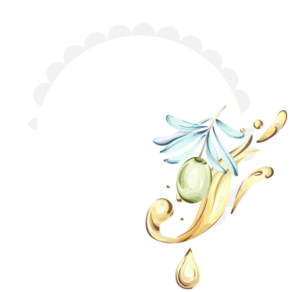 Beauty olives and olive oil through watercolor illustrations inspired by Italian cuisine and nature frame, border, arrangement vector