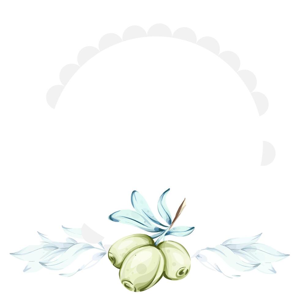Olives and olive oil watercolor style celebrating Italian cuisine and natures beauty frame, border, arrangement vector