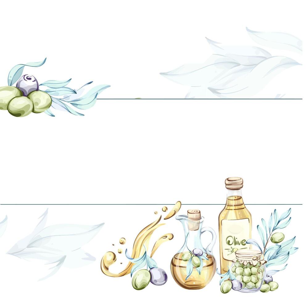 Discovering the beauty of olives and olive oil through watercolor illustrations inspired by Italian cuisine frame, border, arrangement vector