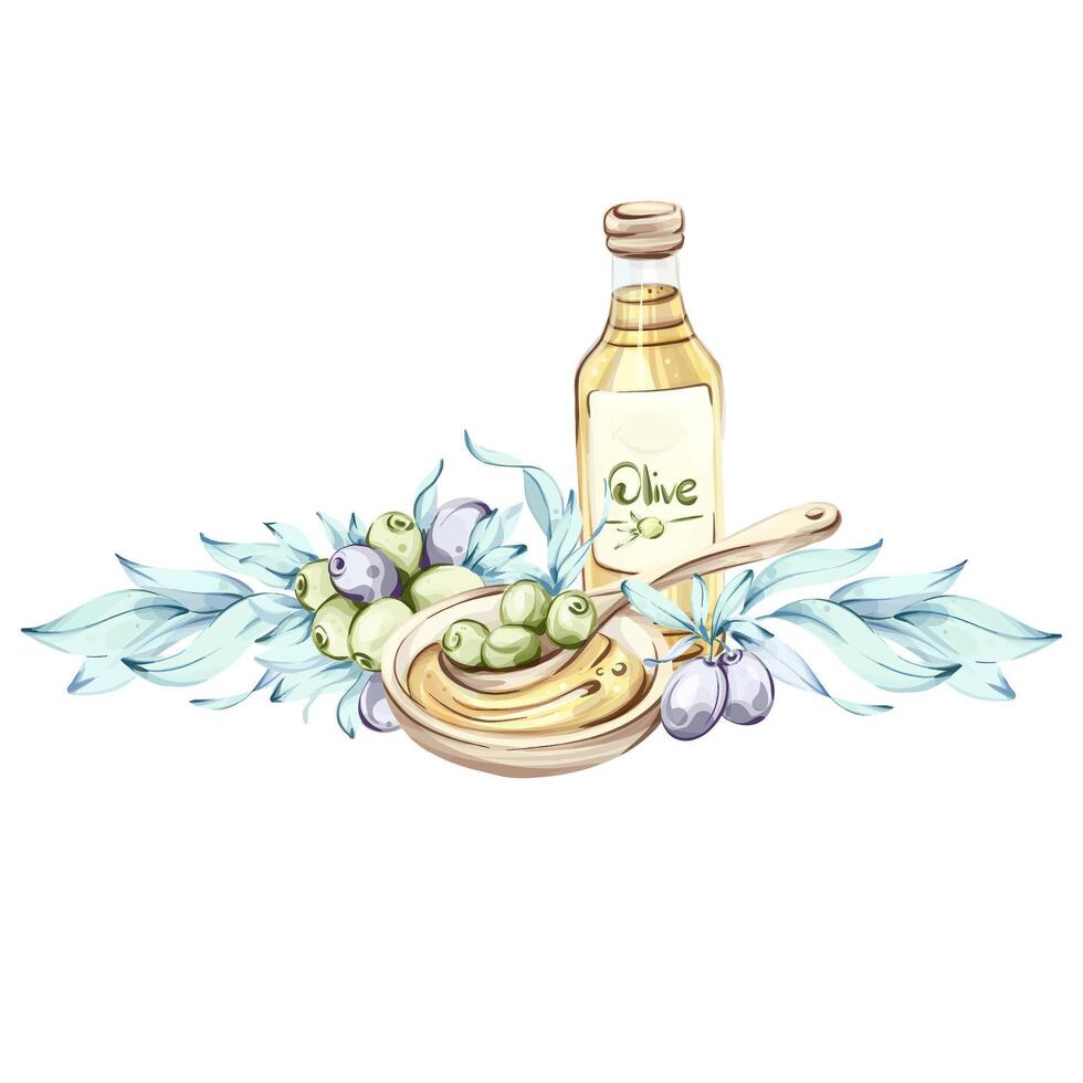 Olives and olive oil in a watercolor illustration inspired by Italian cuisine and natures beauty frame, border, arrangement vector