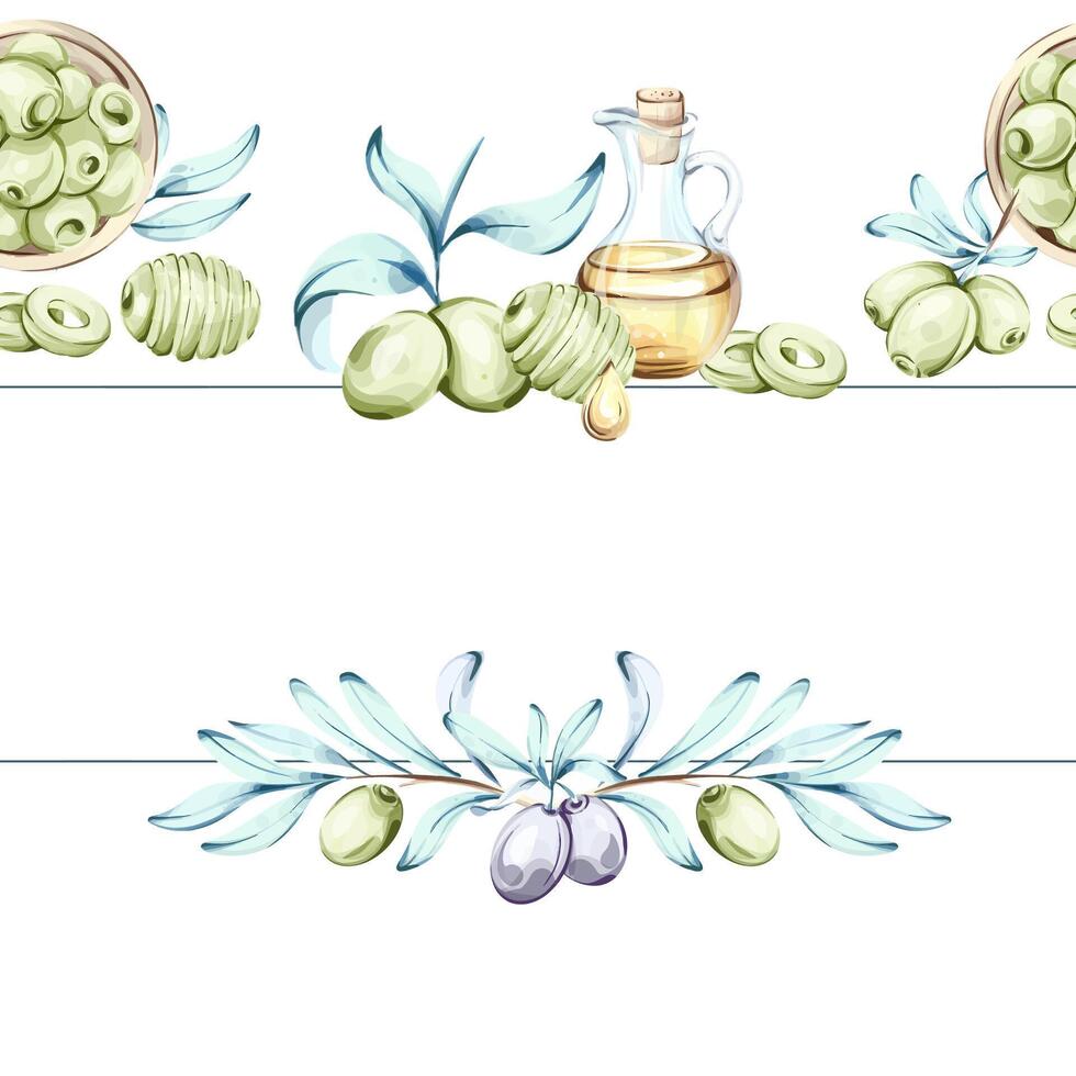 Exploring the beauty of olives and olive oil through watercolor illustrations celebrating Italian cuisine and nature frame, border, arrangement vector