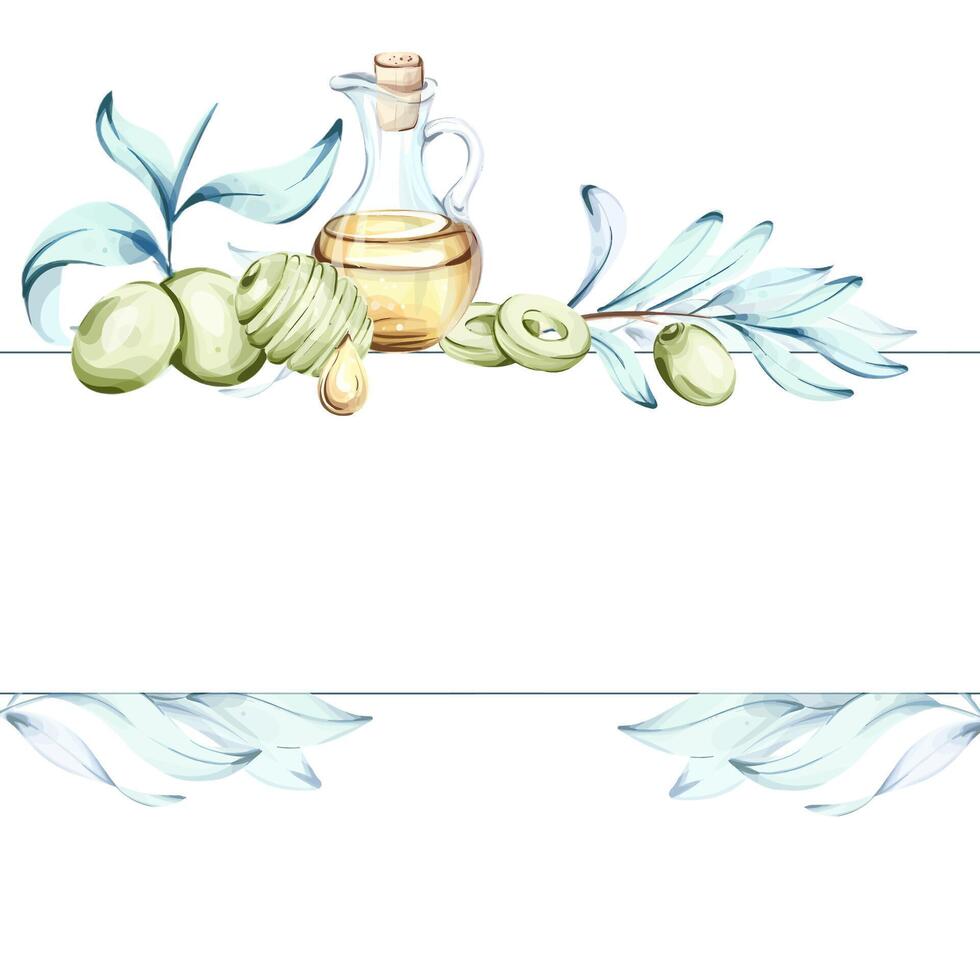 Olives and olive oil in a watercolor illustration celebrating the richness of Italian cuisine frame, border, arrangement vector