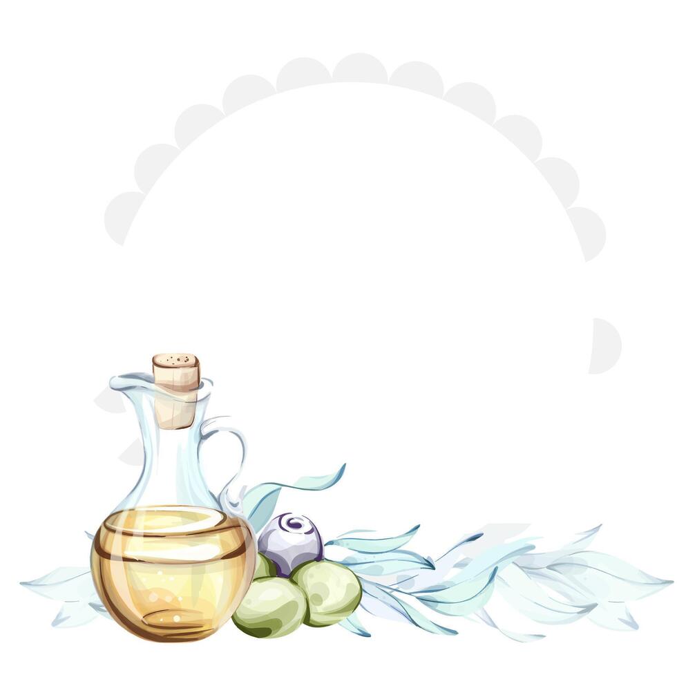 Exploring the beauty of olives and olive oil in a watercolor illustration highlighting Italian culinary delights frame, border, arrangement vector