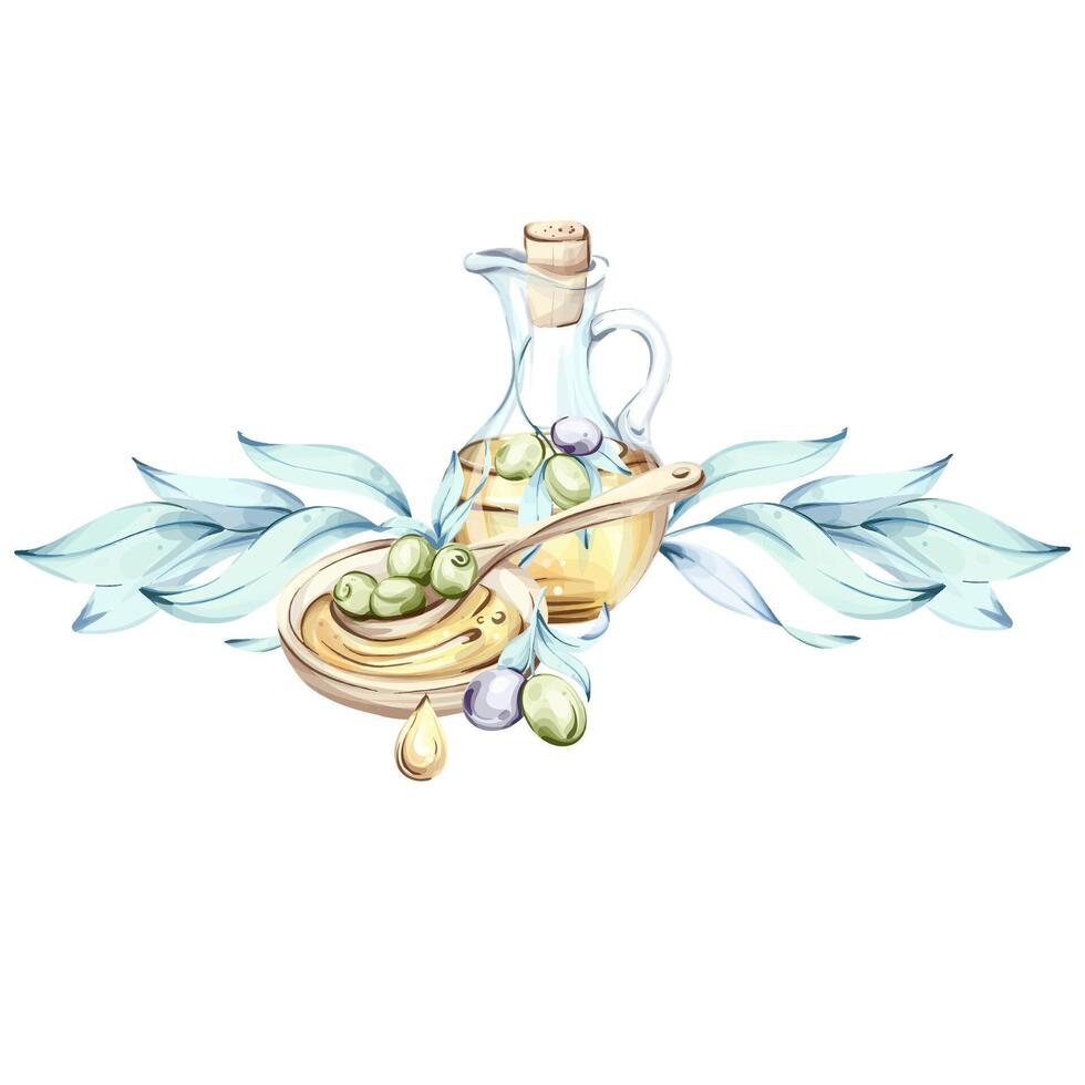 Delicate watercolor illustration of olives and olive oil celebrating elements of Italian cuisine and nature frame, border, arrangement vector
