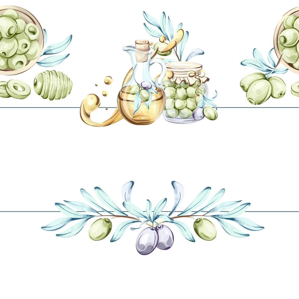 Exploring the beauty of olives and olive oil through exquisite watercolor illustrations frame, border, arrangement vector