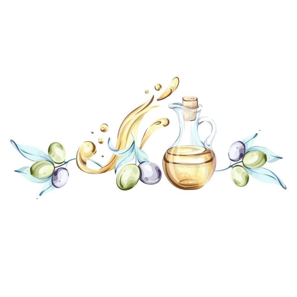 Vibrant watercolor illustration showcasing olives and olive oil in a Mediterranean inspired setting frame, border, arrangement vector