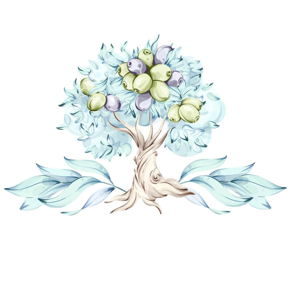 Olive tree with olives and olive oil illustrated in watercolor style showcasing beauty of nature and Italian cuisine frame, border, arrangement vector