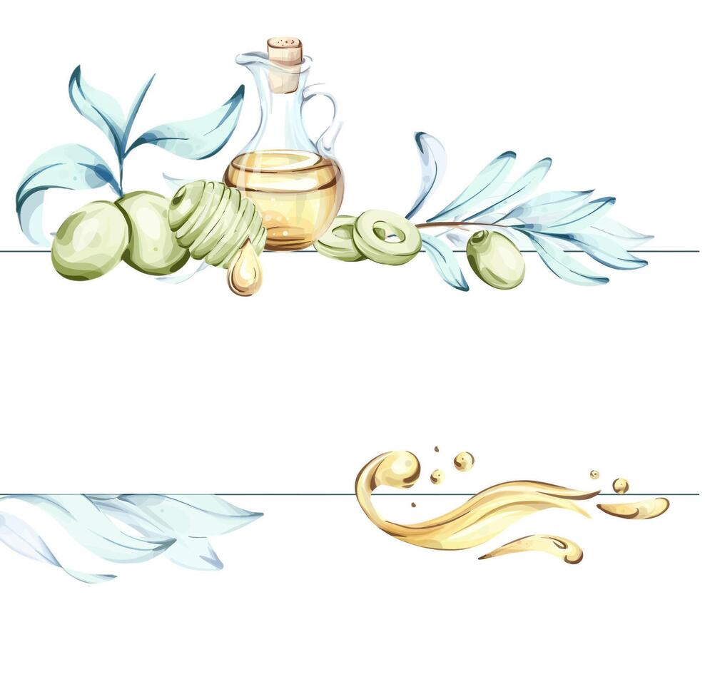 Olives and olive oil illustrated in watercolor showcasing elements of Italian cuisine and nature frame, border, arrangement vector