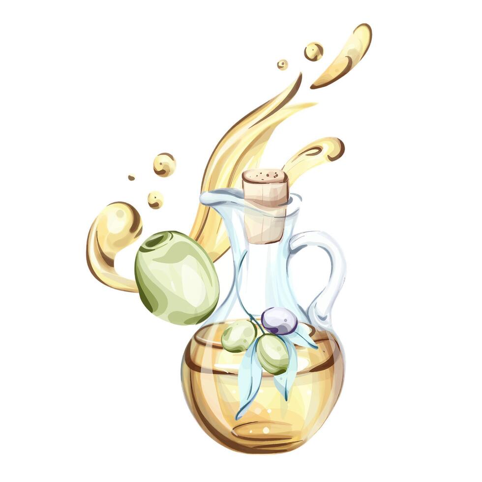 Artistic watercolor illustration of olives and olive oil celebrating Italian cuisine and nature vector