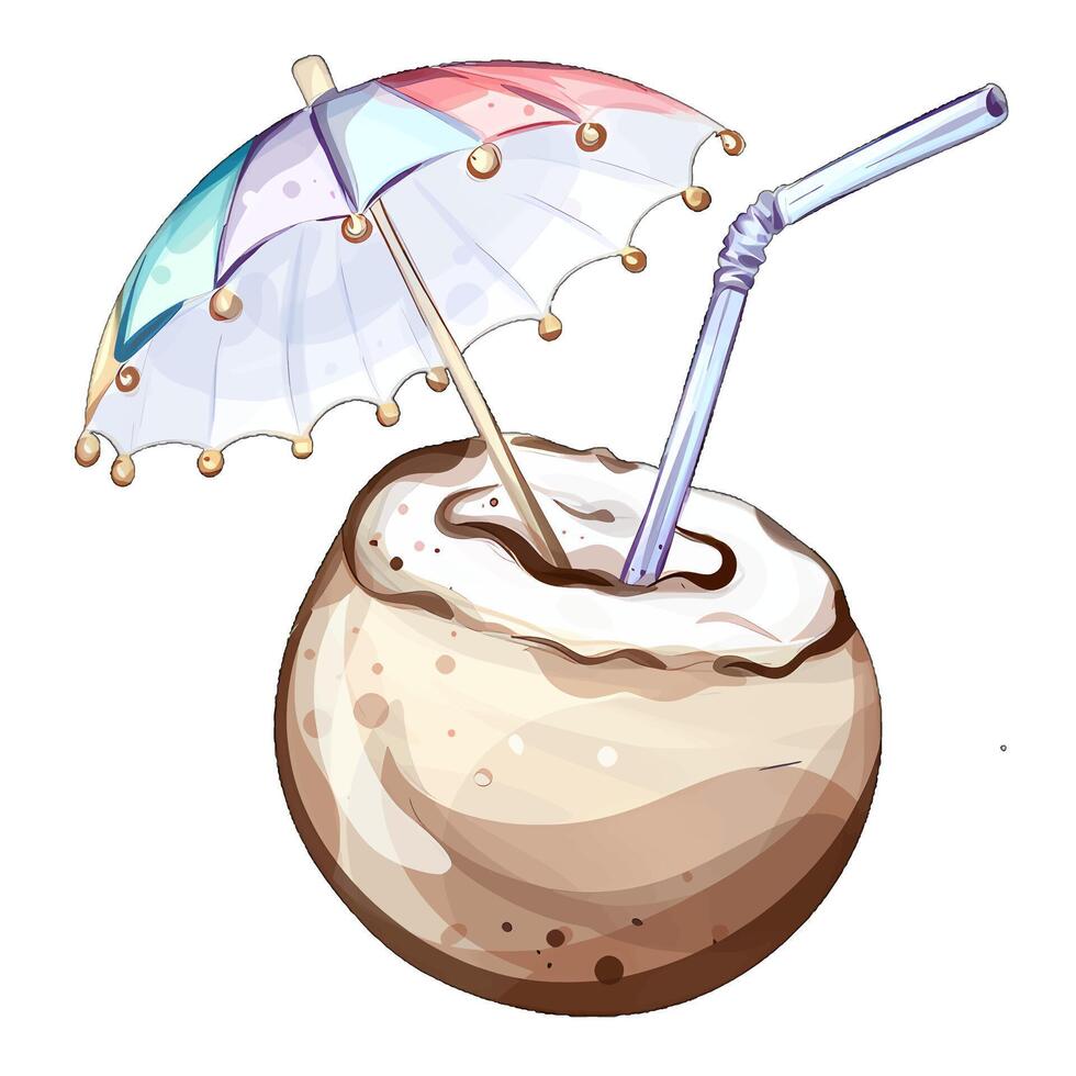 Delight in a tropical coconut drink topped with a whimsical umbrella, embodying summer vacation vibes at the beach. Ideal for sunny celebrations and relaxation. vector