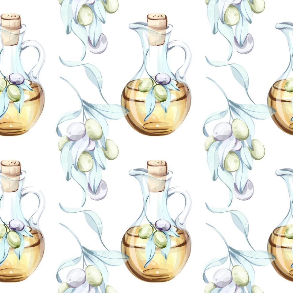 Seamless pattern of olives and olive oil in watercolor technique featuring elements of Italian cuisine and nature for elegant background or wallpaper design vector