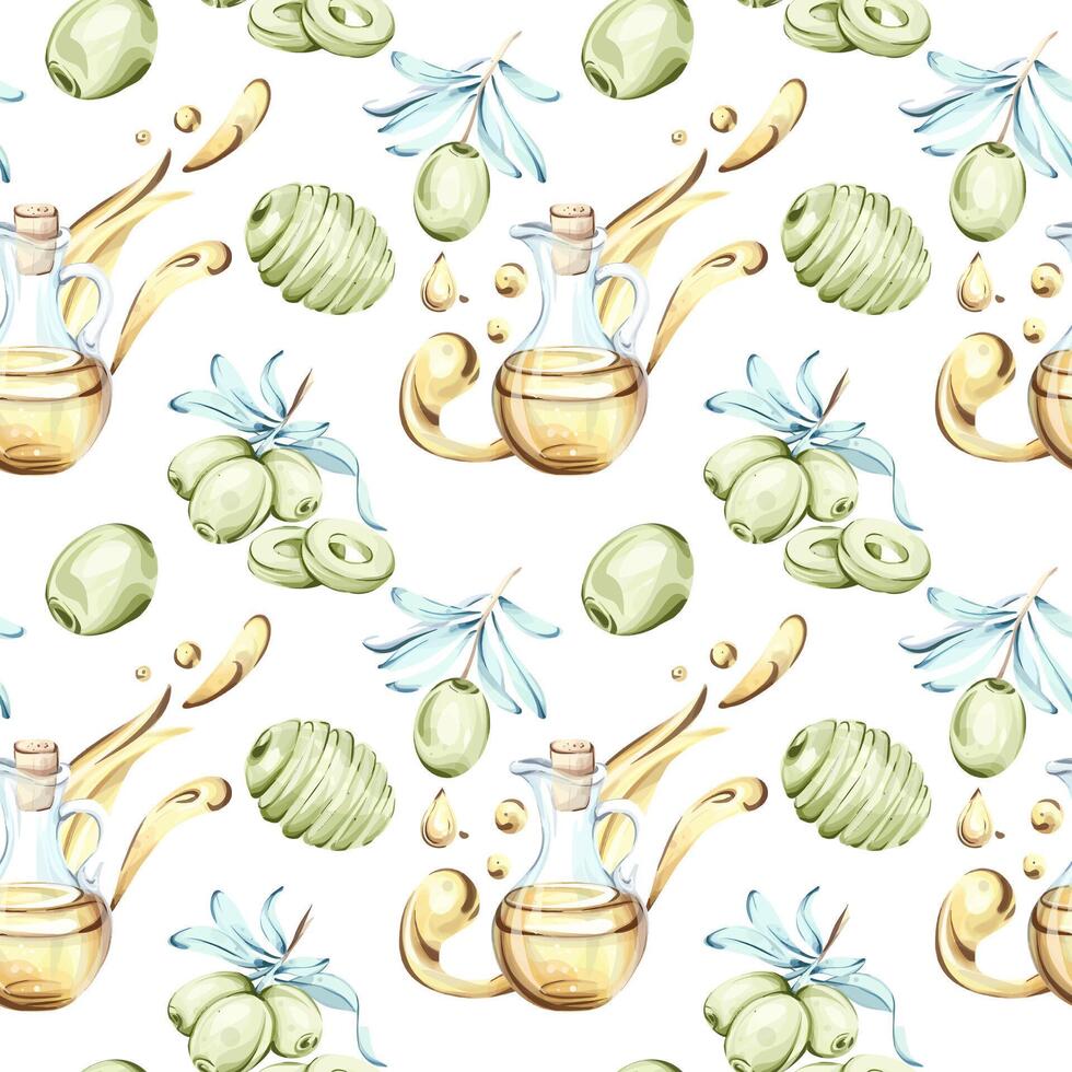 Seamless pattern of olives and olive oil in watercolor technique creating a background wallpaper inspired by Italian cuisine nature and healthy living vector