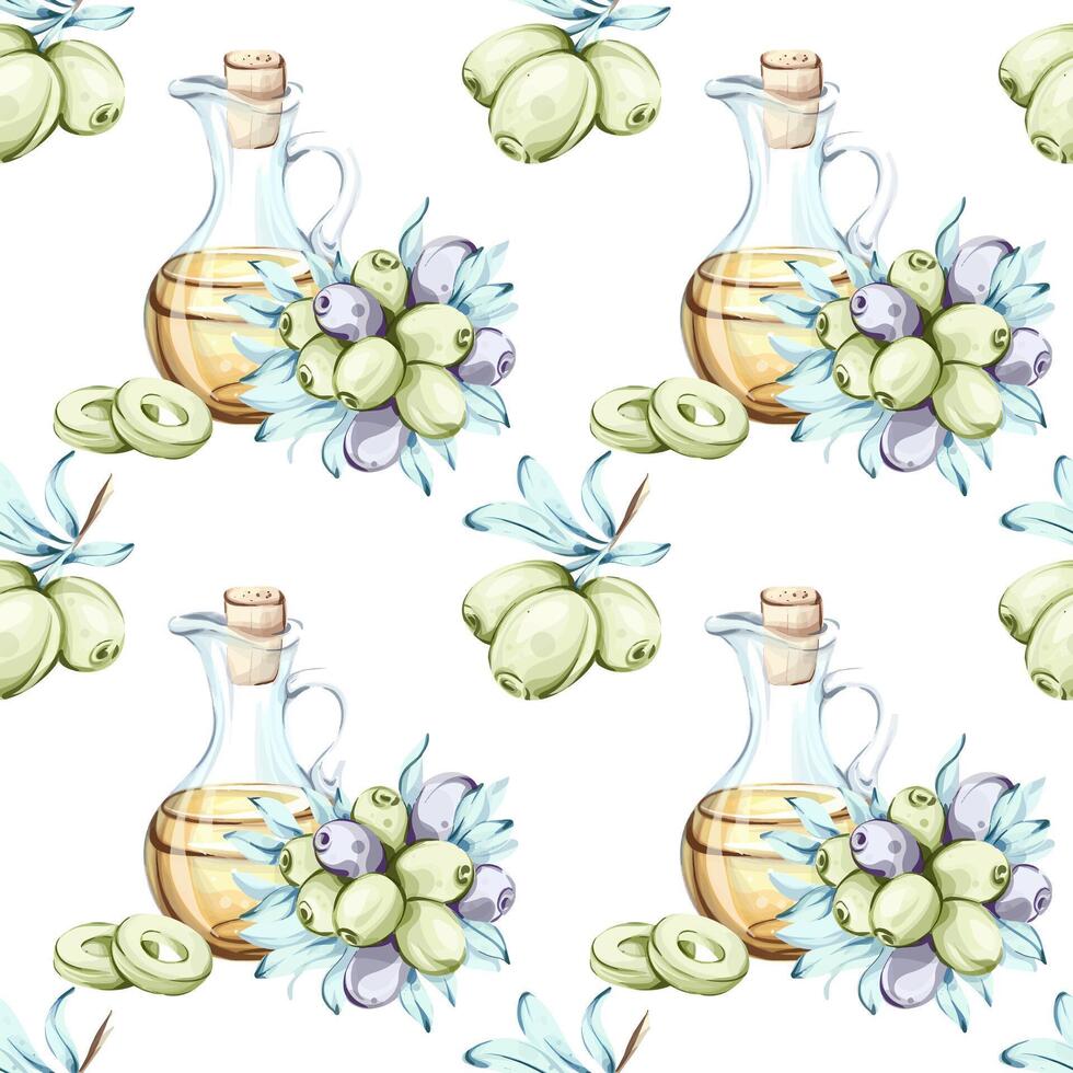 Olives and olive oil seamless pattern background wallpaper showcasing Italian cuisine and natures beauty with watercolor illustrations vector