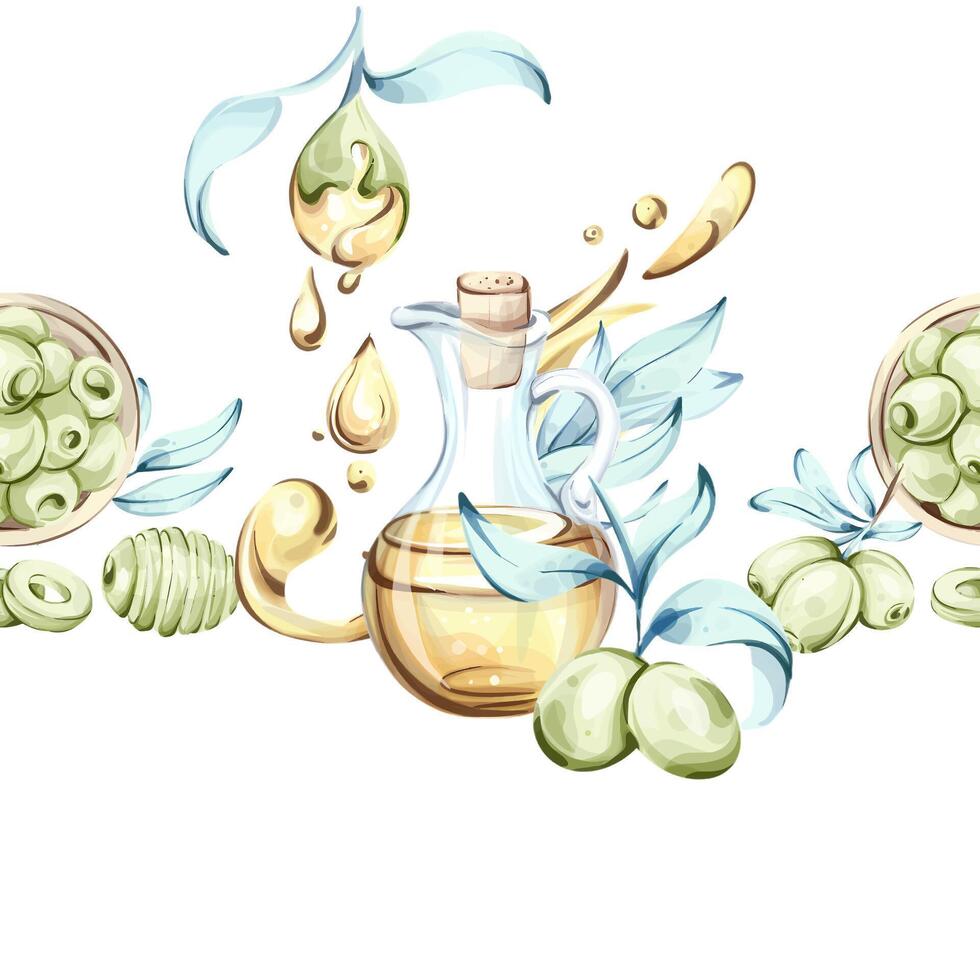 Olives and olive oil seamless pattern arrangement in watercolor technique framed by natural beauty of Italian cuisine vector