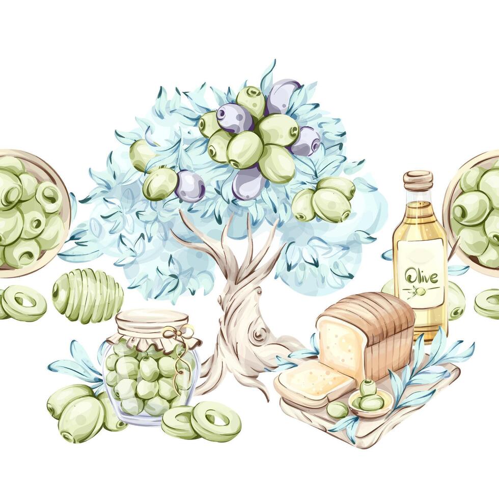 Olives and olive oil framed in a seamless pattern illustrating Italian cuisine beauty with nature arrangement vector