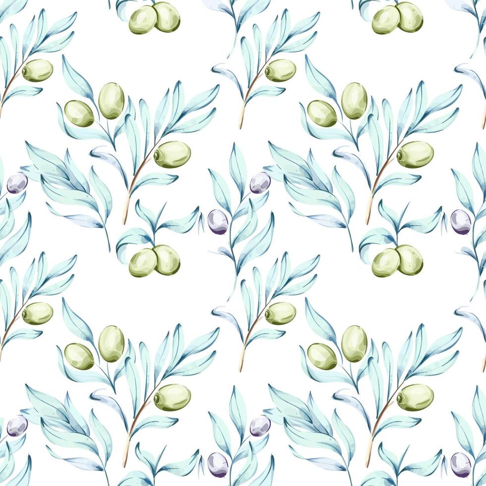 Beautiful seamless pattern of olives and olive oil watercolor technique celebrating essence Italian cuisine and nature perfect for backgrounds and wallpapers showcasing the beauty and nutrition olives vector